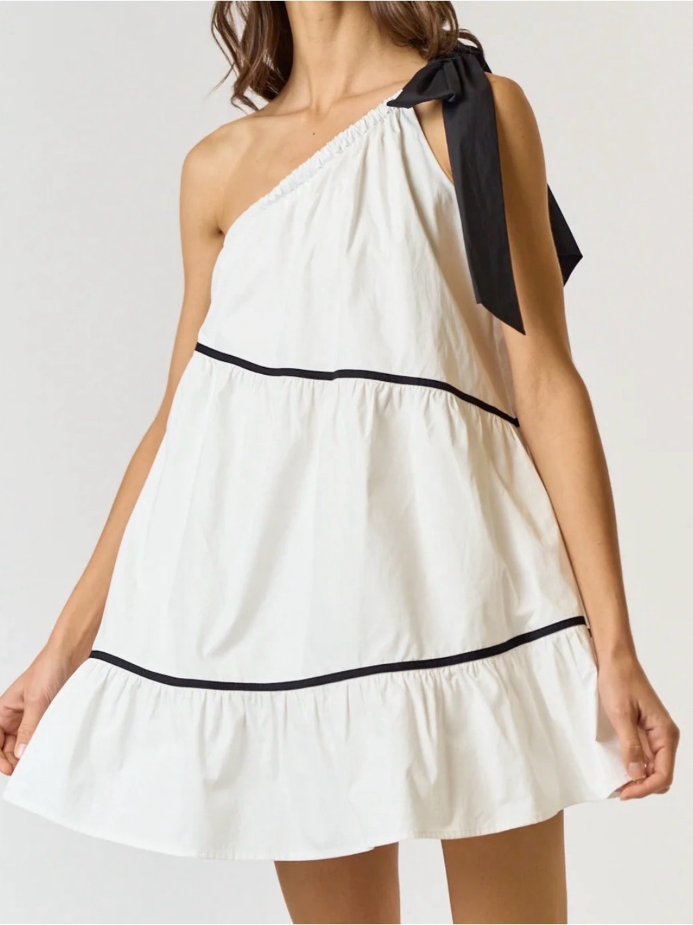 Blush White One-Shoulder Mini Dress with Black Tie